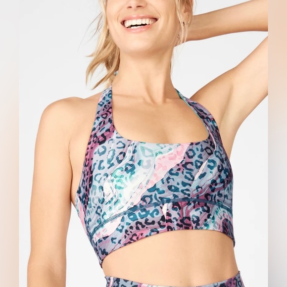 Fabletics Harlow Halter Reversible Sports Bra Women’s Small Dunes/Lunar Blue - Picture 2 of 12